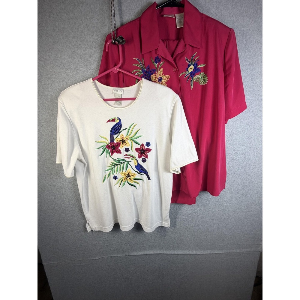Koret Lounge 3 Piece Set Womens Tops L Pants XL Pink Embroidered Cruise Tropical